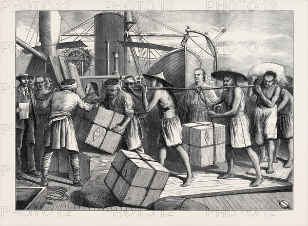 CHINA: THE STEAMER TRAVANCORE TAKING IN CARGO AT SINGAPORE, 1873