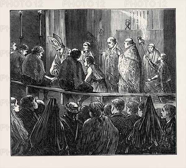 SPAIN: THE HOLY WEEK IN SEVILLE: THE CARDINAL WASHING POOR MEN'S FEET, 1873