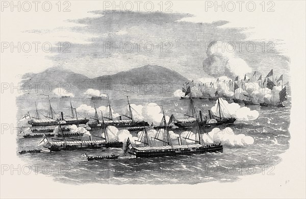 THE WAR IN CHINA, THE BATTLE OF ESCAPE CREEK: COMMODORE ELLIOT LEADING GUN BOATS TO THE ATTACK OF MANDARIN JUNKS IN ESCAPE CREEK, MAY 25, 1857;