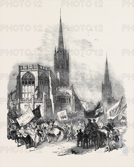 GODIVA PROCESSION AT COVENTRY FAIR, THE PROCESSION FORMING AT ST. MICHAEL'S CHURCH