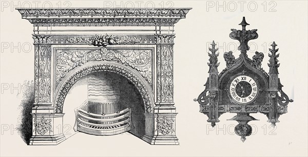 LEFT: STOVE, BY MESSRS. CARR AND ROBERTSON, SHEFFIELD; RIGHT: GOTHIC CLOCK, BY TAHAN, PARIS, THE GREAT EXHIBITION