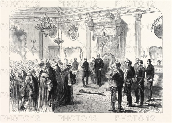 THE RIGHT HON. EARL SPENCER, K.G , LORD LIEUTENANT OF IRELAND, HOLDING A STATE RECEPTION AT DUBLIN CASTLE, 1869