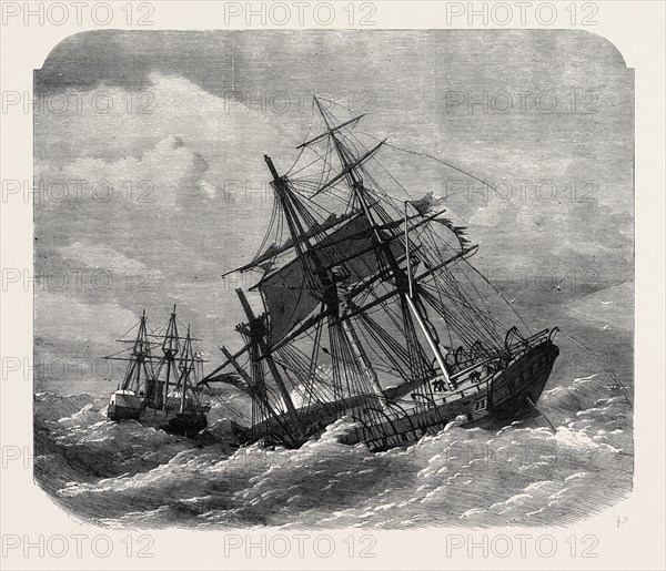THE LATE COLLISION OFF THE LIZARD: H.M.S. TERRIBLE TOWING THE CALCUTTA INTO PLYMOUTH, 1869
