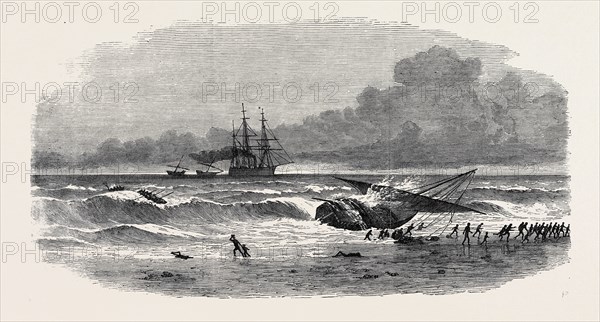 SUPPRESSION OF THE SLAVE TRADE ON THE EAST COAST OF AFRICA: RUNNING ON SHORE OF A SLAVE-DHOW TO ESCAPE CAPTURE, 1869