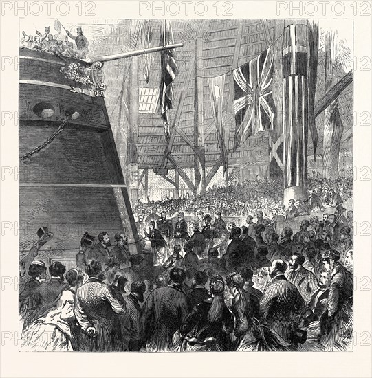 LAUNCH OF THE SCREW-CORVETTE DRUID AT DEPTFORD DOCKYARD: PRINCESS LOUISE RELEASING THE DOG-SHORE, UK, 1869