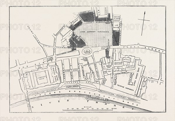 PROPOSED SITES FOR THE NEW LAW COURTS: PLAN OF MR. F. SHIELDS FOR A NEW APPROACH TO THE CAREY STREET SITE, LONDON, 1869, UK