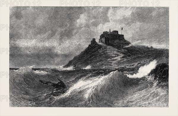 "A FRESH GALE, MOUNT ORGUEIL, JERSEY," BY E. HAYES, IN THE EXHIBITION OF THE SOCIETY OF BRITISH ARTISTS, SUFFOLK STREET, LONDON, 1869, UK