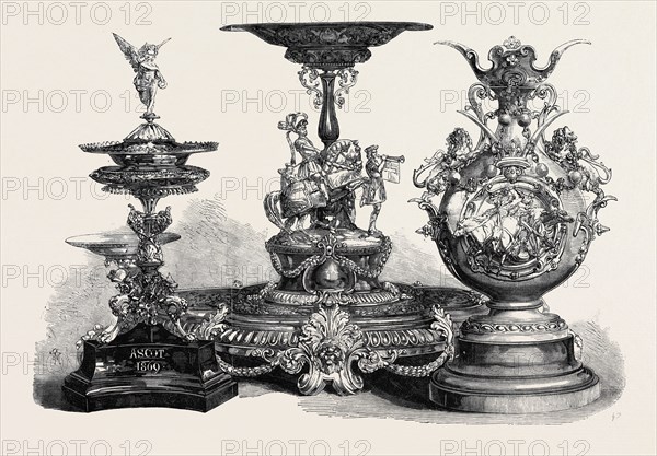 THE ASCOT RACES PRIZE PLATE: THE ROYAL HUNT CUP, LEFT; THE ASCOT CUP, CENTRE; THE QUEEN'S GOLD CUP, RIGHT; 1869