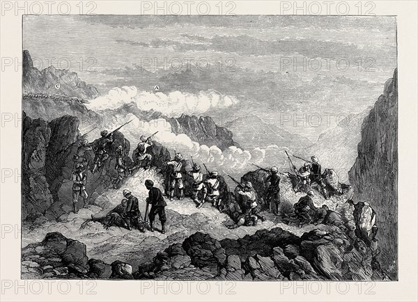 THE AFGHAN WAR: CONFLICT WITH THE ZAIMUKHTS AT ZAWA, NEAR THE KURAM VALLEY: A. The enemy's position, 300 yards distant; B. Where Lieutenant Renny fell; C. Party turning the enemy's flank; 1880