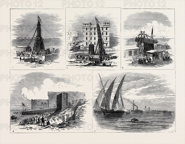 REMOVAL OF ANOTHER OBELISK FROM ALEXANDRIA, FOR TRANSPORT TO NEW YORK: 1. Obelisk erect, with lowering gear attached; 2. Lowering of Obelisk; 3. Obelisk horizontal, resting on stack of wood; 4. Launch of raft, with Obelisk; 5. Raft with Obelisk, off harbour of Alexandria; 1880