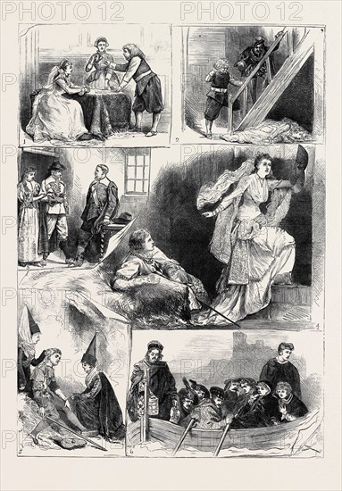 TABLEAUX VIVANTS, FROM SIR WALTER SCOTT'S NOVELS, AT CROMWELL HOUSE, SOUTH KENSINGTON, LONDON, 1880; 1. Kenilworth, chap. xxii.; 2. Kenilworth, chap. xli.; 3. Woodstock, chap. iv.; 4. Ivanhoe, chap. xxx.; 5. Quentin Durward, chap. xv.; 6. The Abbot, chap. xxxv.