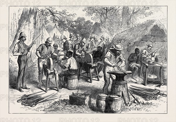 THE ASHANTEE WAR: SHARPENING CUTLASSES IN THE CAMP AT PRAH-SU, 1874