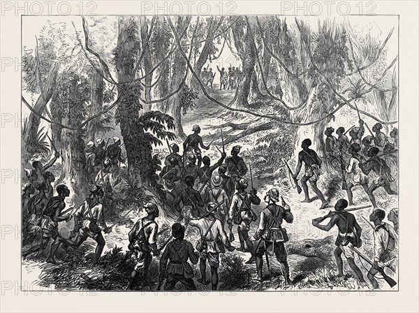 THE ASHANTEE WAR: LORD GIFFARD AND ADVANCE SCOUTS ON THE ADANSI HILLS WARNED BY AN ASHANTEE PRIEST NOT TO GO FORWARD, 1874