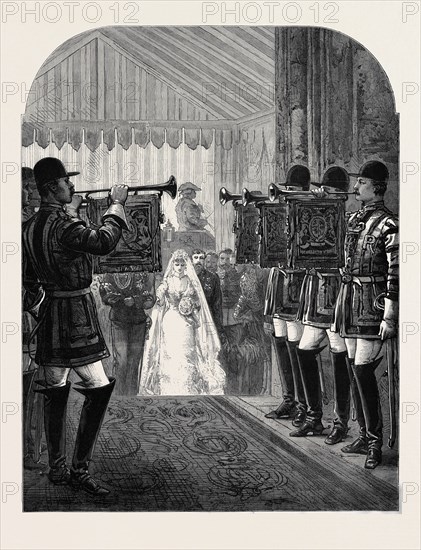 MARRIAGE OF H.R.H. THE DUKE OF CONNAUGHT AT WINDSOR: STATE TRUMPETERS ANNOUNCING THE APPROACH OF THE BRIDE, 1879