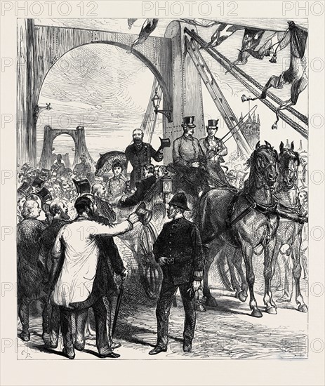 OPENING THAMES BRIDGES FREE OF TOLL: THE METROPOLITAN BOARD OF WORKS RECEIVING THE PRINCE AND PRINCESS OF WALES AT LAMBETH BRIDGE, LONDON, 1879