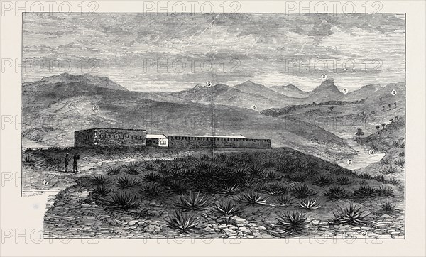 THE ZULU WAR: FORT MELVILL, NEAR ISANDHLWANA; 1. Spur of Oscarberg; 2. Ridge where the waggons are; 3. Isandhlwana Hill; 4. Bashee Valley; 5. Sirayo's Krantz; 6. Road from the Ponts; 7. Road to Fort; 8. Buffalo River; 9. The Waggon Drift over the River; 1879