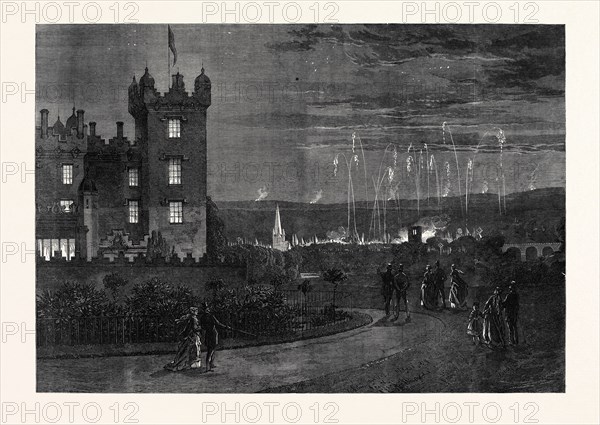 THE QUEEN'S VISIT TO THE SCOTTISH BORDER: THE FIREWORKS AND BEACON FIRES VIEWED FROM FLOORS CASTLE, UK, 1867