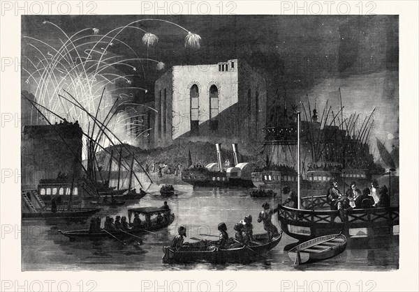 A NIGHT SCENE ON THE NILE, NEAR THE MOUTH OF THE CAIRO CANAL, DURING THE FESTIVAL OF GEBR-EL-HALEEG, OR BREAKING THE CANAL, 1862