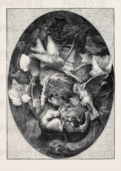 THE INTERNATIONAL EXHIBITION: "LINNETS DEFENDING THEIR NEST AGAINST A DORMOUSE" MODELLED IN WAX BY A. CAIN, 1862