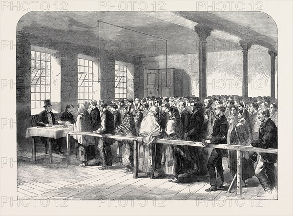 THE COTTON FAMINE: DISTRIBUTING TICKETS FOR BREAD, SOUP, MEAT, MEAL, COAL, ETC., AT THE OFFICE OF A DISTRICT PROVIDENT SOCIETY, MANCHESTER, 1862