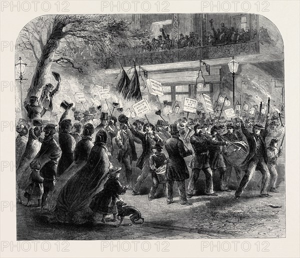 THE ELECTION OF MR. HORATIO SEYMOUR, GOVERNOR OF THE STATE OF NEW YORK: DEMOCRATIC PROCESSION PASSING THE NEW YORK HOTEL, 1862
