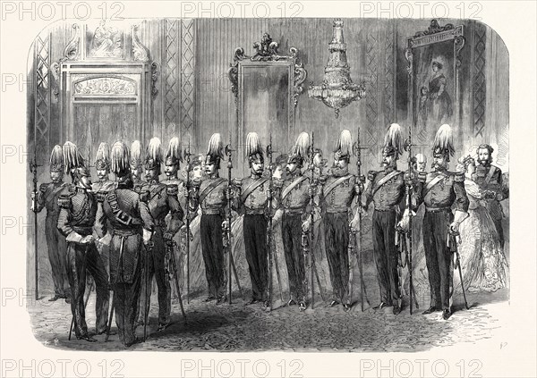 THE QUEEN'S COURT: THE HON. CORPS OF GENTLEMEN-AT-ARMS ON DUTY AT BUCKINGHAM PALACE, LONDON, UK, 1866