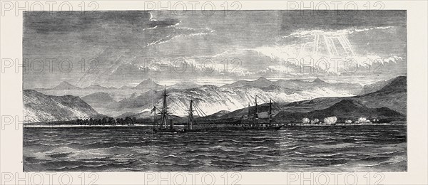 EXPEDITION OF A BRITISH FORCE FROM ADEN TO SHUGRA: VIEW OF SHUGRA FROM THE ANCHORAGE: THE TROOPS EFFECTING A LANDING, 1866