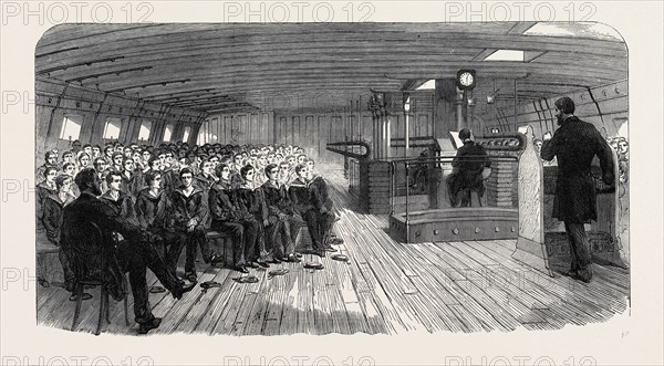 DIVINE SERVICE ON BOARD THE TRAINING SHIP "INDEFATIGABLE" AT LIVERPOOL, UK, 1866