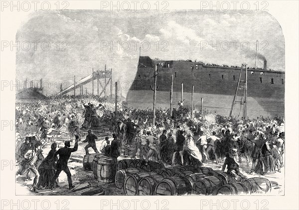 OUR IRONCLAD FLEET: THE LAUNCH OF THE NORTHUMBERLAND, "SHE'S OFF!", UK, 1866