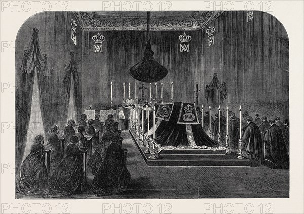 THE FUNERAL OF QUEEN MARIE AMELIE: THE LAST SOLEMN SERVICE IN THE CHAPELLE ARDENTE, AT CLAREMONT, 1866