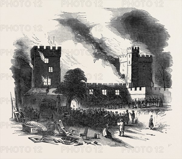 BURNING OF NAWORTH CASTLE, FROM A DRAWING MADE ON THE SPOT