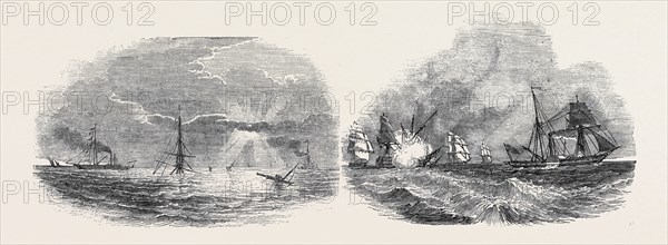 LEFT IMAGE: VIEW OF THE WRECK, AT SUNSET; RIGHT IMAGE: SUPPOSED CASE OF A STEAMER PURSUED BY AN ENEMY