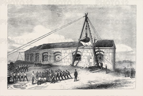 RAISING A  GUN AT THE GILKICKER BATTERY, PORTSMOUTH, 1871