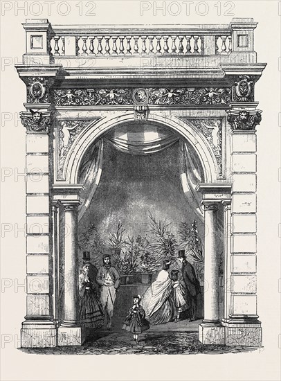 ROYAL HORTICULTURAL SOCIETY'S GARDENS, SOUTH KENSINGTON: ONE OF THE ARCHES OF THE NORTHERN ARCADE, FINISHED TO SHOW THE PROPOSED STYLE OF DECORATION