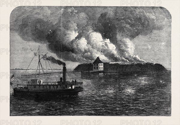 THE WAR IN AMERICA: FORT OCRACOKE, ON BEACON ISLAND, NORTH CAROLINA, DESTROYED BY FIRE ON THE 17TH ULT. BY THE FEDERALISTS