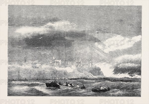THE SEA BREAKING OVER THE CLIFF AT TYNEMOUTH DURING THE GALE ON SATURDAY, THE 2ND INST., NOVEMBER 16, 1861