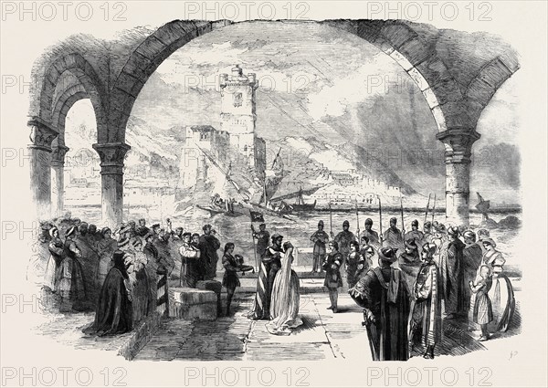 SCENE FROM "OTHELLO" AT THE PRINCESS THEATRE; THE TOWN AND HARBOUR OF CYPRUS