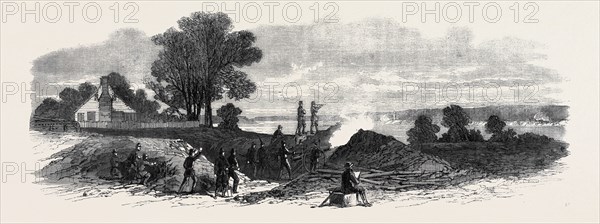THE CIVIL WAR IN AMERICA: THE TEN POUNDER GUN BATTERY (FEDERALIST) AT BUDD'S FERRY, LOWER POTOMAC, OPPOSITE THE CONFEDERATE BATTERIES ON THE VIRGINIA SHORE