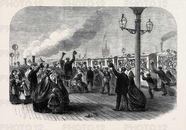 REINFORCEMENTS FOR CANADA: THE GUARDS LEAVING THE SOUTH WESTERN RAILWAY STATION FOR SOUTHAMPTON, DECEMBER 28, 1861