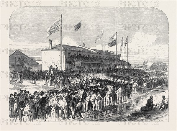 BOATHOUSE AT PUTNEY: THE CAMBRIDGE CREW GOING OUT FOR PRACTICE, 1868