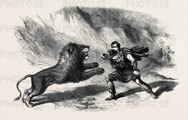 MR. CROCKETT, THE LION TAMER, "PERFORMING" WITH HIS LIONS AT ASTLEY'S THEATRE; "The Lion Conqueror; or, the Death Jungle"