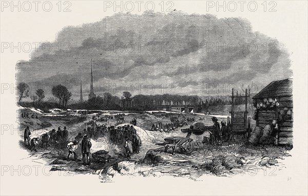 THE DISTRESS AT COVENTRY, WEAVERS EMPLOYED IN LEVELLING WITLEY COMMON AND BURNING THE GORSE, 1861