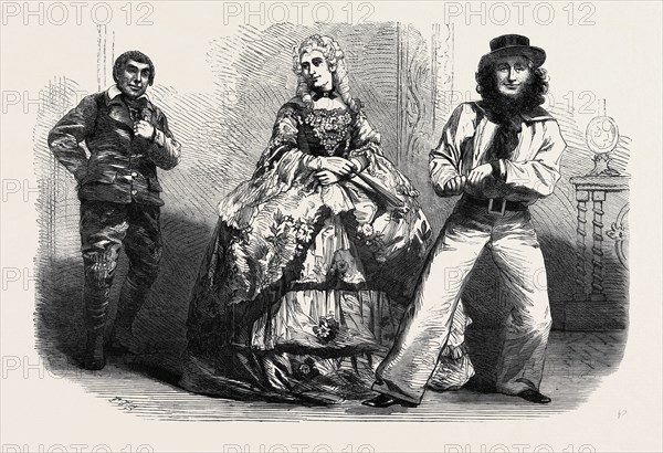 MR. W.E. WOOD IN IN THREE CHARACTERS: THOMAS GUBBINS, THE OSTLER (LEFT), LADY FRANCES FORESIGHT (CENTRE), JONES, THE SKIPPER (RIGHT)