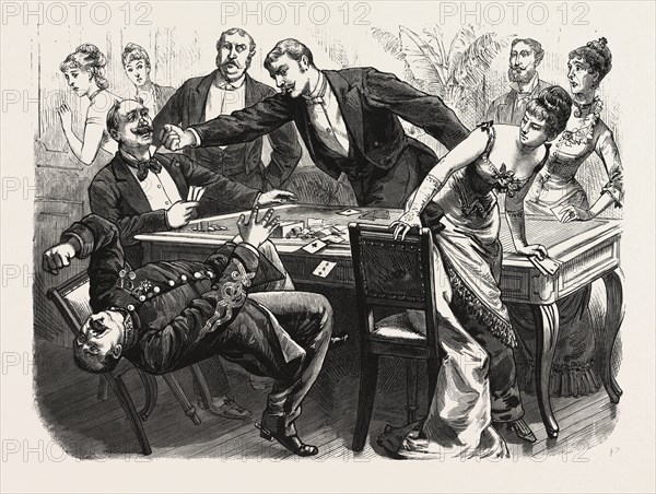 THE BLACK ROBE SCENE IN THE DRAWING-ROOM AT BOULOGNE, ROMAYNE KNOCKING DOWN THE GENERAL AT THE CARD TABLE