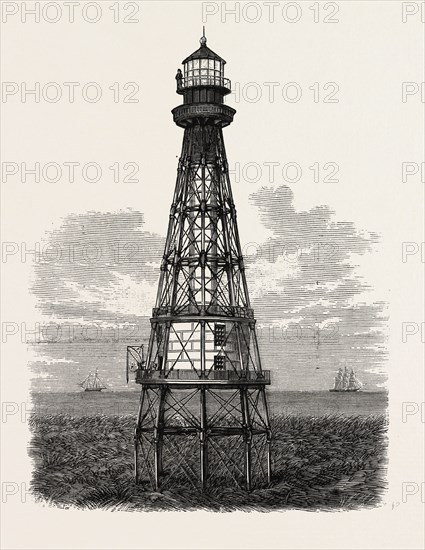 LOUISIANA: NEW LIGHTHOUSE UNDER CONSTRUCTION AT SOUTH PASS, FROM DESIGNS FURNISHED BY CAPTAIN W. H. HEUER, LIGHTHOUSE ENGINEER