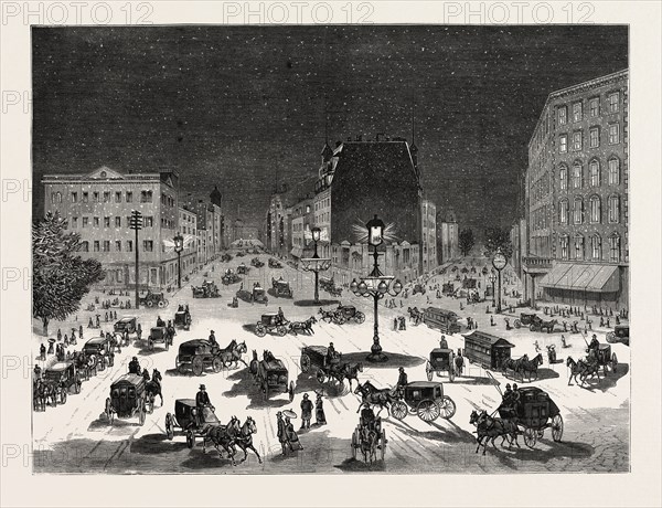 NEW YORK: ADAPTING THE BRUSH ELECTRIC LIGHT TO THE ILLUMINATION OF THE STREETS, A SCENE NEAR THE FIFTH AVENUE HOTEL