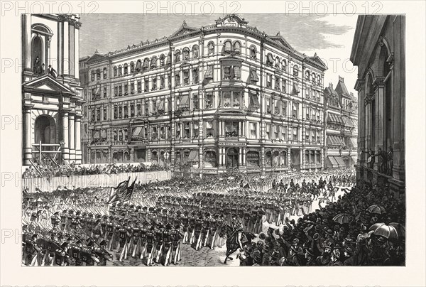 MASSACHUSETTS: THE BOSTON CELEBRATION, THE TWENTY-THIRD REGIMENT, N.G.S.N.Y., PASSING THE MAVERICK NATIONAL BANK, POST OFFICE SQUARE