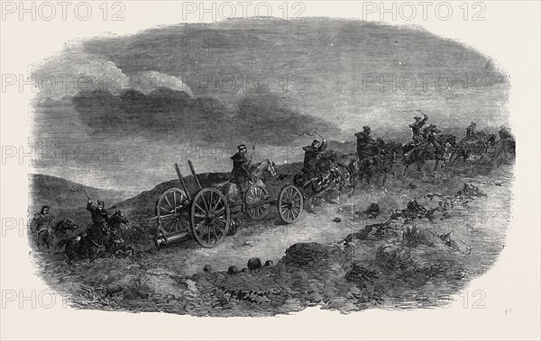 BEFORE SEBASTOPOL, ARTILLERY TAKING LANCASTER GUNS DOWN TO THE FIRST PARALLEL BY NIGHT; CRIMEAN WAR