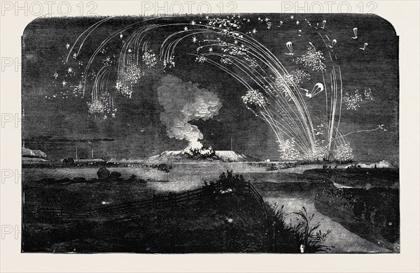 NEWS OF THE FALL OF SEBASTOPOL, SHOWER OF PARACHUTE ROCKETS AND BONFIRE, IN WOOLWICH MARSHES