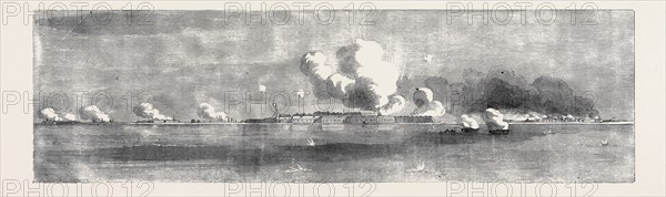 BOMBARDMENT OF KINBURN, VILLAGE ON FIRE, SKETCHED BY AN OFFICER OF THE EXPEDITION